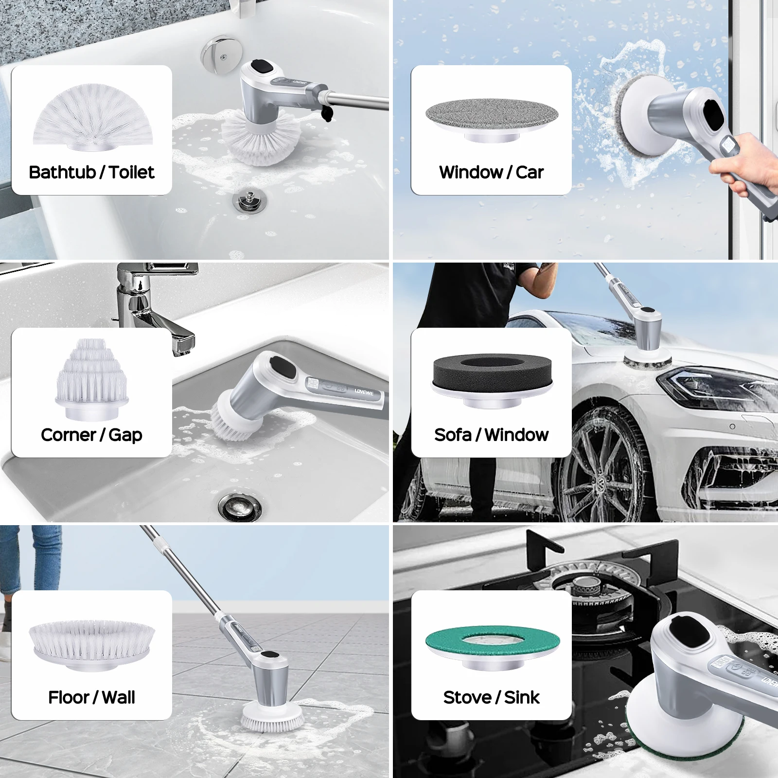 Electric Spin Scrubber, Cordless 4500mAh with Spray, Adjustable Handle, 6 Brush Heads, 2 Speeds, for Bathroom Cleaning
