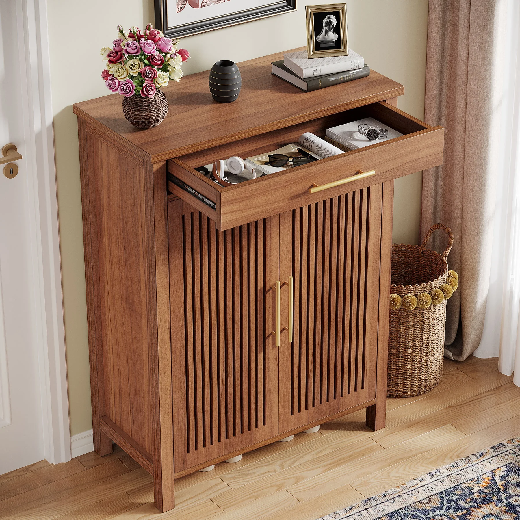 5-Tier Farmhouse Convertible Entryway Shoe Storage Cabinet Wood Shoe Organizer Slatted Doors Gold Handles Shoe Cabinet Dining