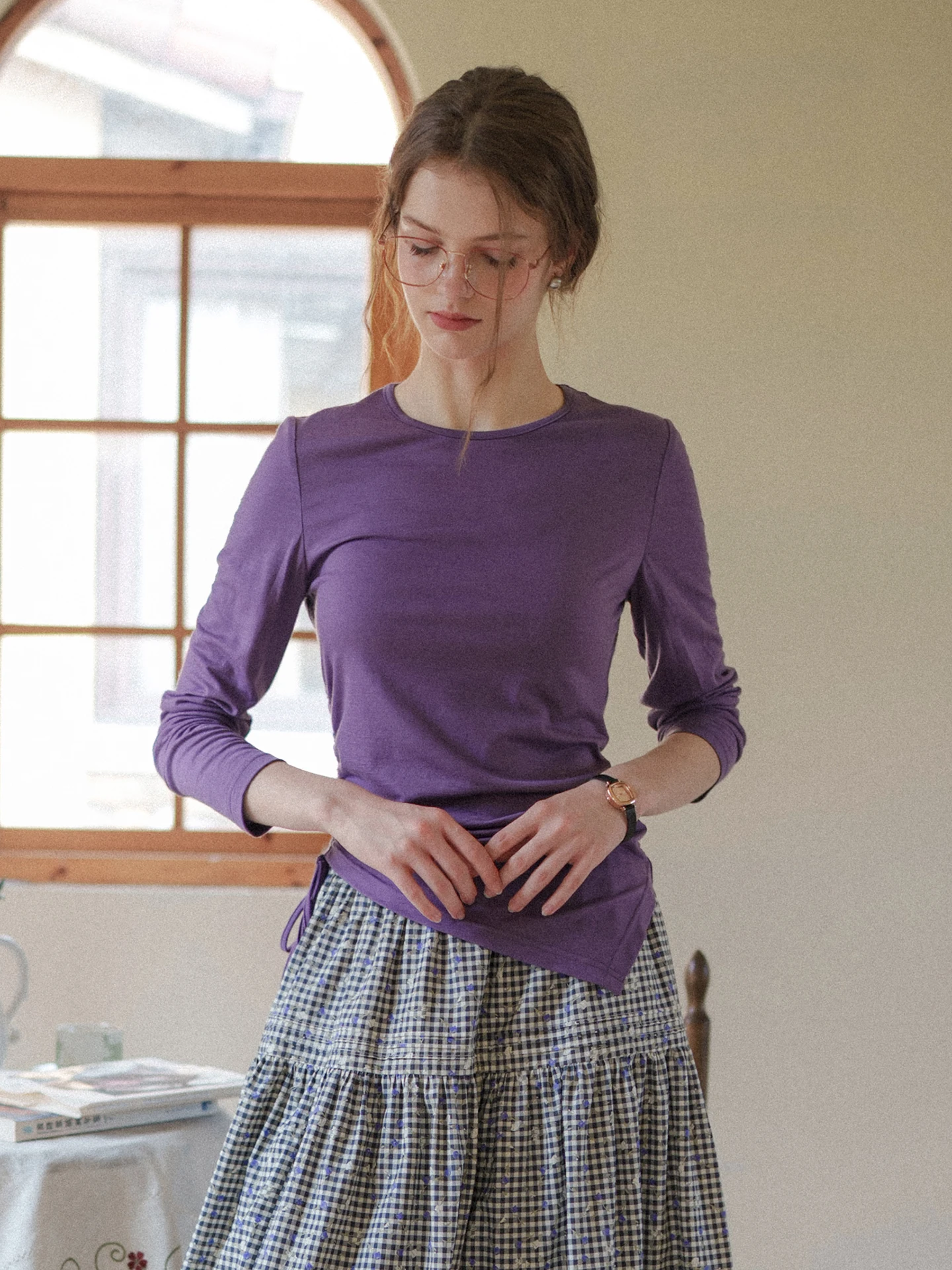 

Retro Full Wool T-Shirt Drawstring round Neck Slim Fit Base Shirt Versatile Base Layer Shirt for Women by MARCHNOON