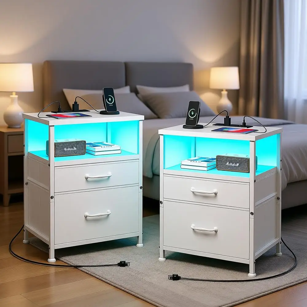 

Прикроватная тумбочка с двумя USB-портами, тканевыми ящиками, открытым полочным отделением, стальной рамой, для спальни, белая