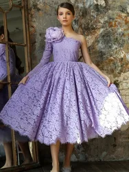 European American children's dress purple long beauty pageant one shoulder flower lace birthday party wedding dress for girls