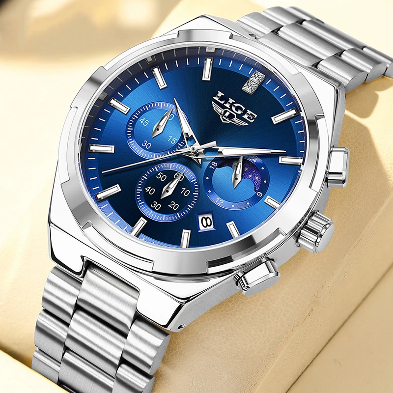 นาฬิกากันน้ำ LIGE สำหรับผู้หญิง นาฬิกาข้อมือสำหรับเล่นกีฬากลางแจ้ง แฟชั่นหรูหรา เรืองแสง แสดงข้างขึ้นข้างแรม นาฬิกาควอตซ์โครโนกราฟ