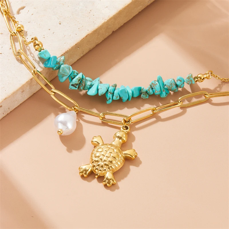 MEYRROYU-pulsera con colgante de tortuga para niña, cadena de mano de acero inoxidable 316L, Perla turquesa, Color dorado, nueva tendencia concisa, regalo de joyería