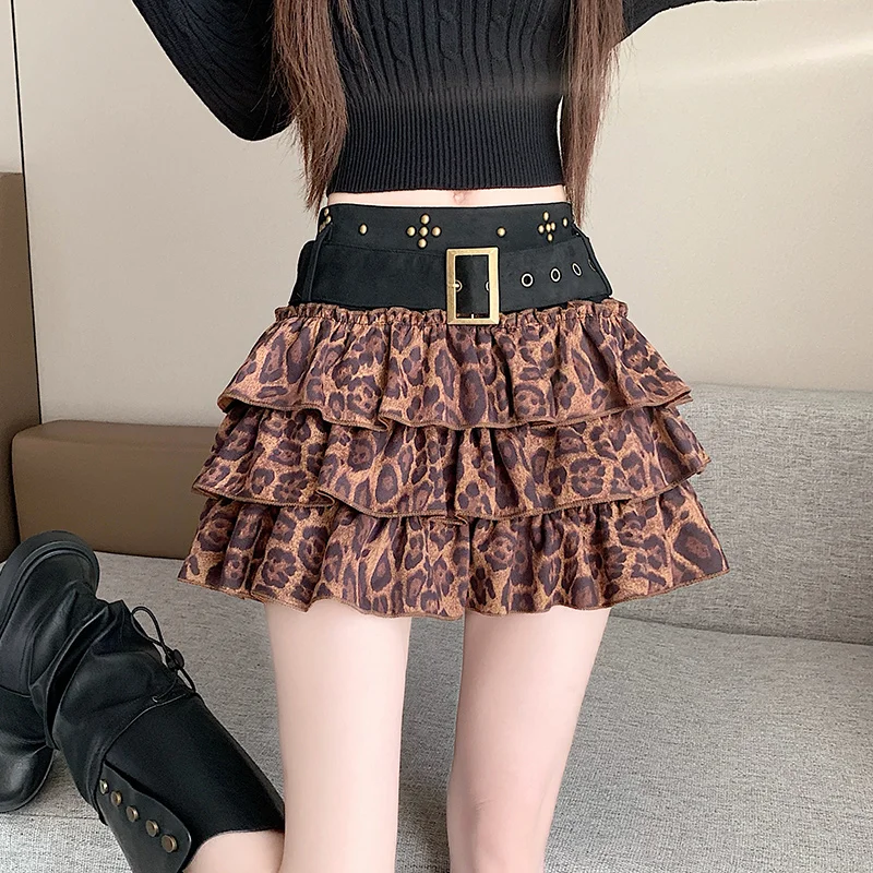 2026 New Women American Hot Girl Faux Suede Cake Skirt High Waist Belt Rivet Multi Layer Ruffle Mini Skirt