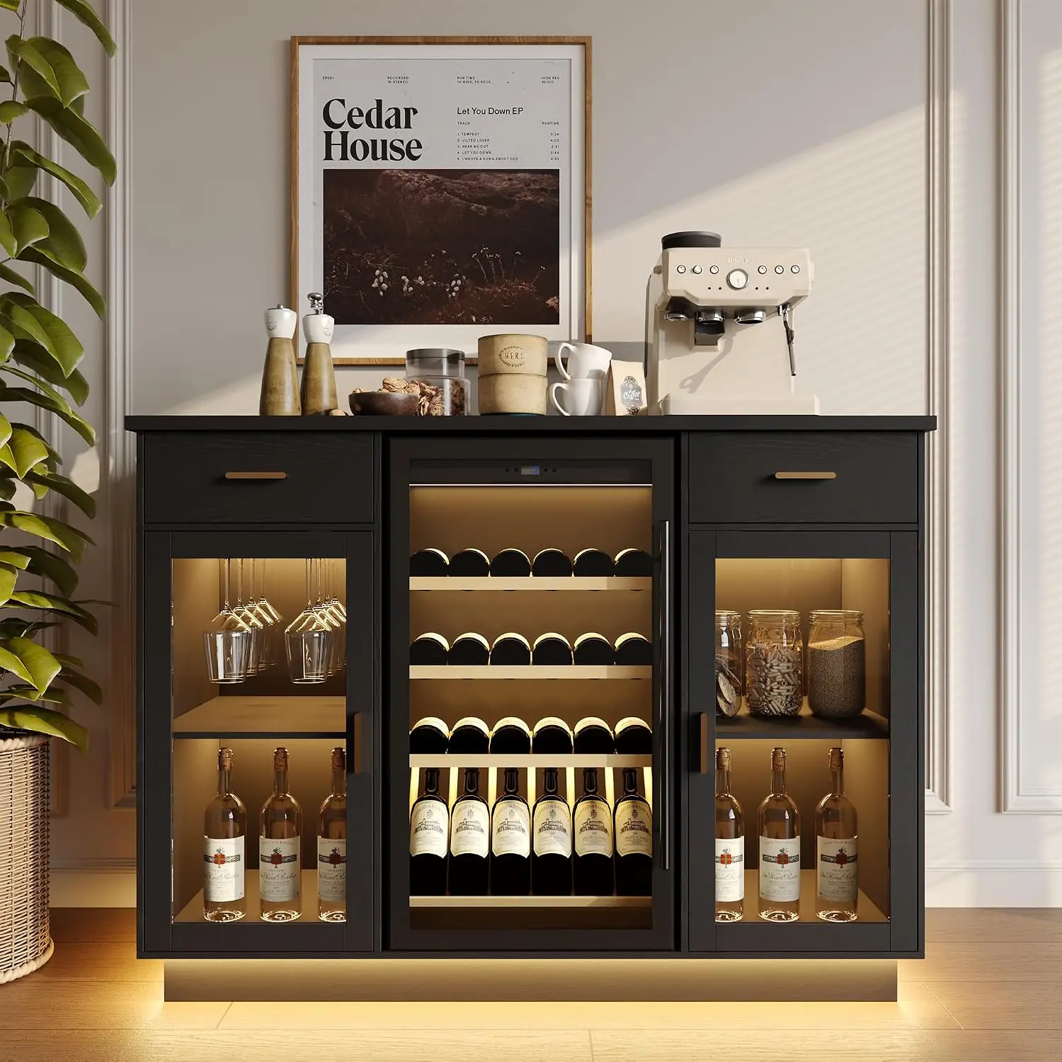 Coffee Bar Cabinet with Fridge Space & Power Outlet, Kitchen Storage Sideboard, Black, Customized
