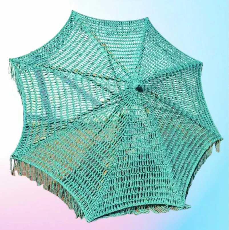 9 ft Green Outdoor Beach Tassel Umbrella Parasol  Hotel Crochet Woven Umbrella Macrame Umbrella