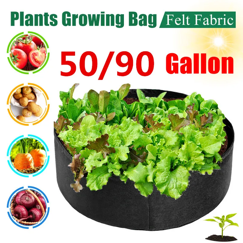 

50/100 Gallon Garden Bed Round Planting Container Fabric Plant Pot Raised Grow Bags Breathable Felt Fabric Planter Nursery Pot