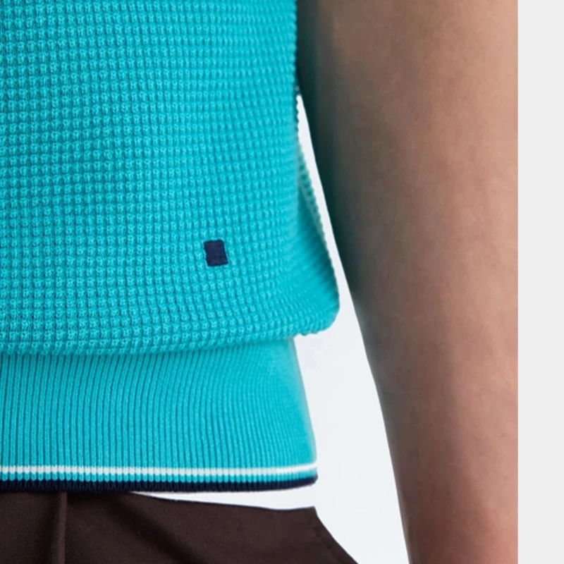 PG Minimalist Mens Waffle Texture Polo Shirt Thin Contrast Edge Cuff Hem Small Side Logo Weekend Travel Casual Layer Wear