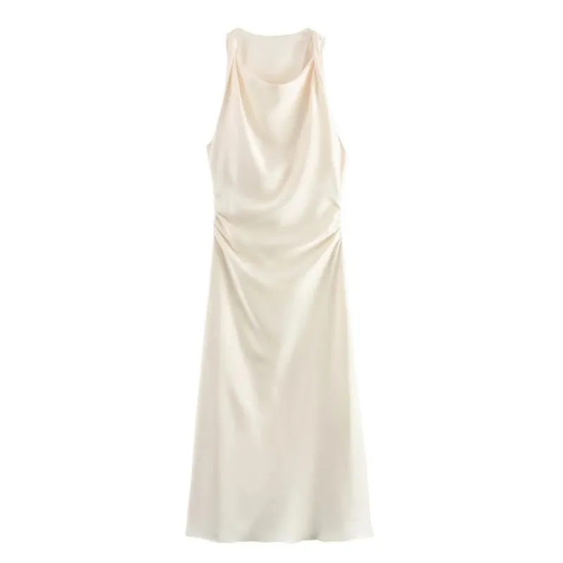 夏の女性のサテンロングドレスファッションノースリーブエレガントなイブニングパーティードレス