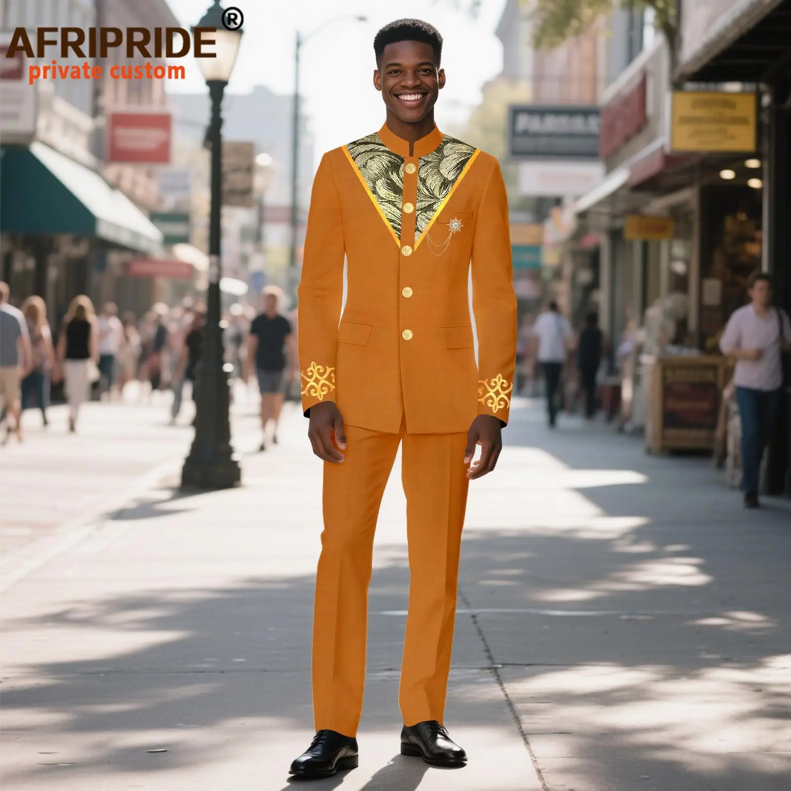 African Suits for Men Slim Fit Embroidery Brooch Single Breasted Jacket and Pants 2 Piece Set Dashiki Wear for Wedding 2516059