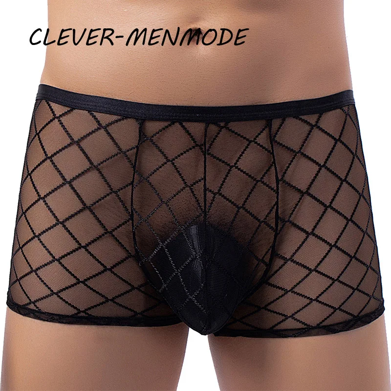 Men\'s Sexy Transparent Lace Panties Fishnet Sheer Boxer Shorts Breathable Low Rise Lingerie Exotic Costume Mesh Outfit