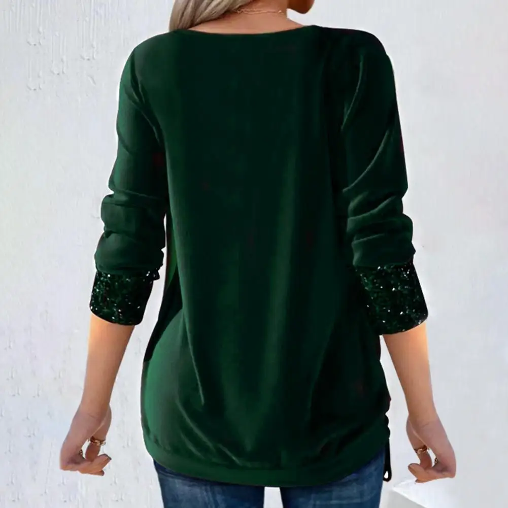 Stretchy Women Tops Women Drawstring Hem Blouse Elegant Velvet Swing Collar Blouse with Sequins Detailing for Women for Ladies