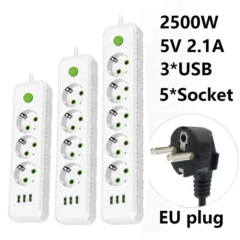 EU 플러그 멀티탭 3/4/5 AC 콘센트 다중 소켓, 2m 익스텐션 코드 전기 소켓, 3 USB 포트, 2500W 네트워크 필터