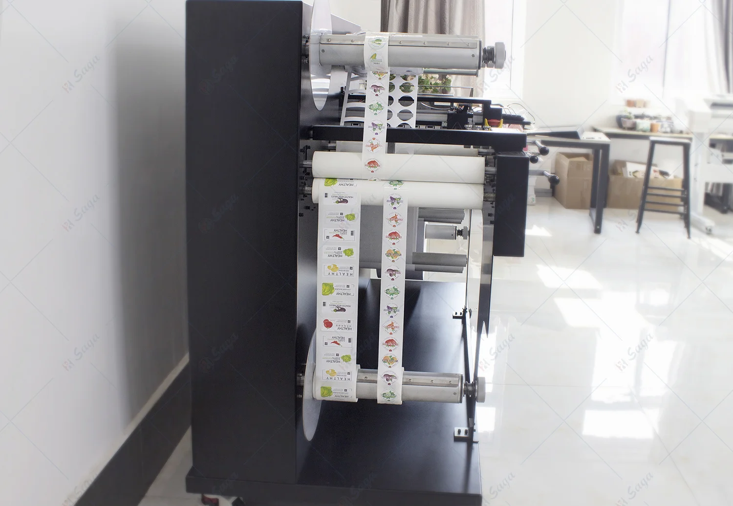 Saga All-in-One Label Finisher, Printing, Laminating, Die Cutting, Slitting, Waste Collecting, Rewinding All in One.