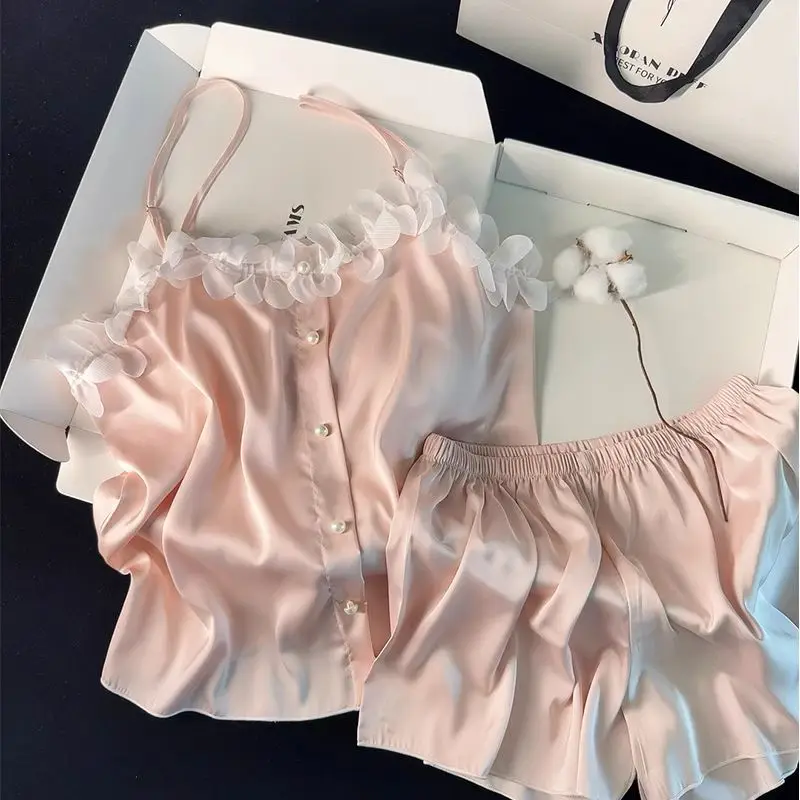 

Summer Pajamas for Women with Padded Suspender Shorts, Ice Silk Sleepwear, Sweet Girls, Pure Desire Home Clothes
