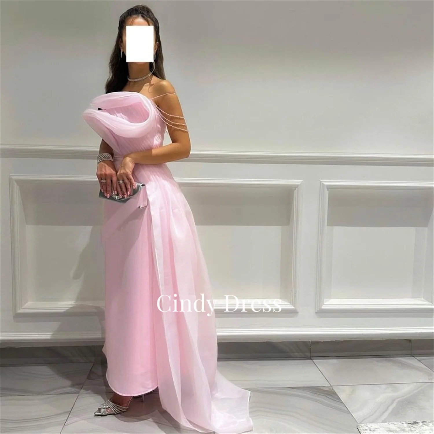 Feminino Cindy Flowers Organza Pink Prom Dress, Elegante vestido de festa, Manga comprida, Vestidos de baile, Formal, 2024