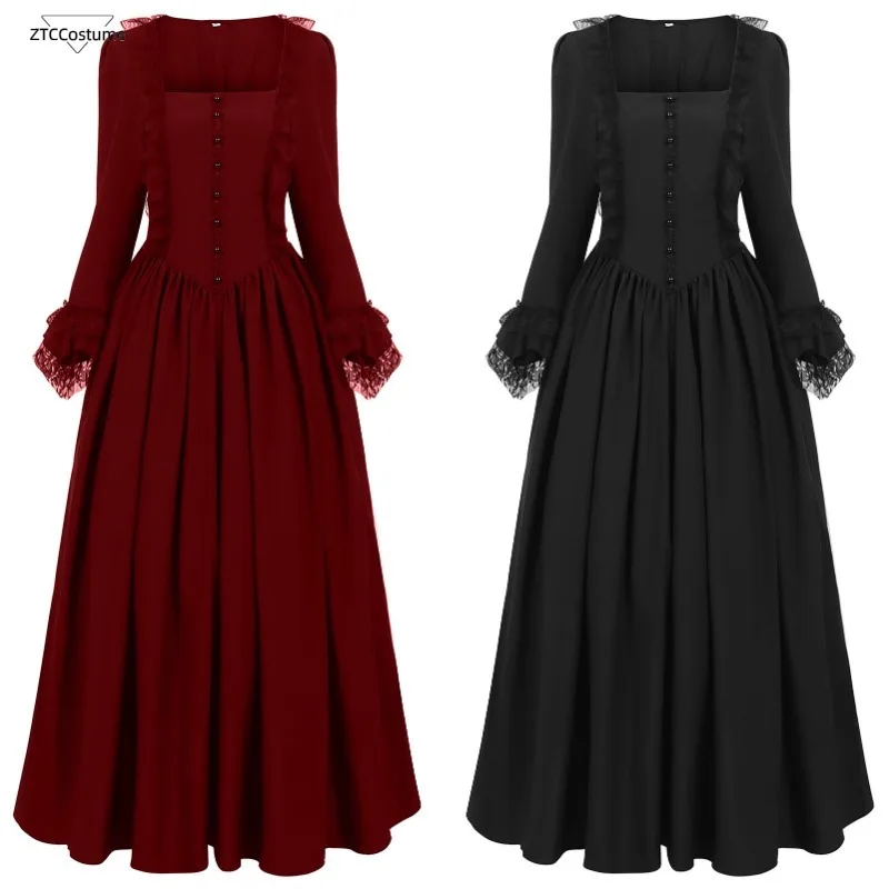 Vestido de castillo Medieval para mujer, vestido largo de Color sólido con cuello cuadrado, disfraz de doncella de estilo rococó, vestido victoriano negro y rojo