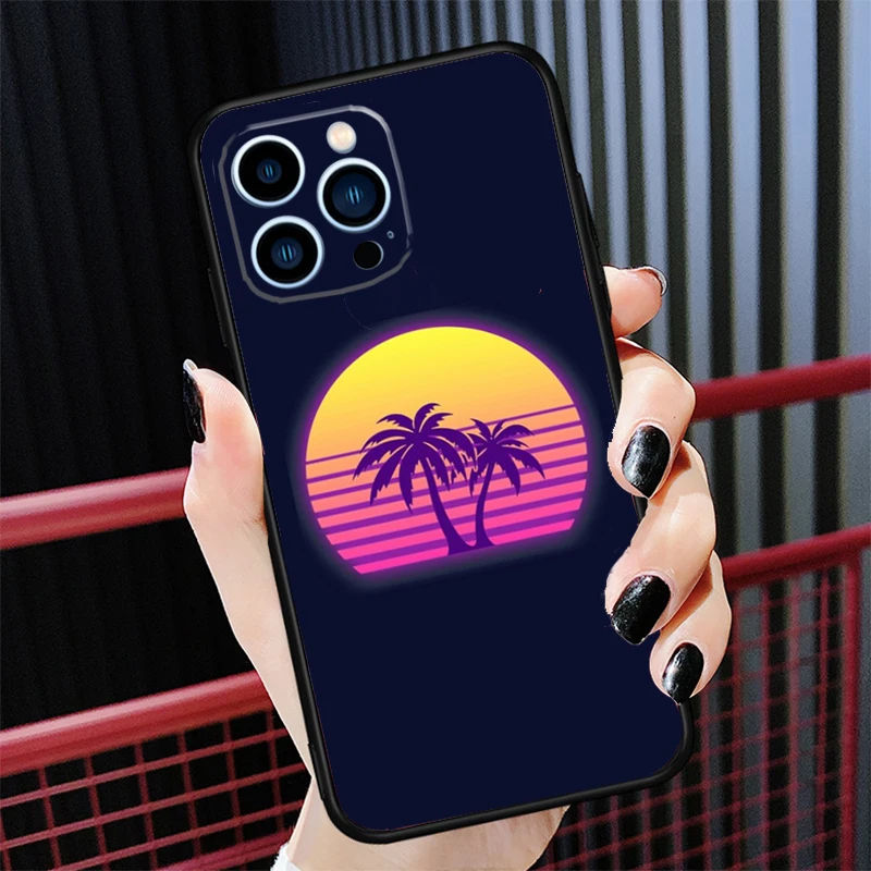 80s Retrowave Neon Palms Tree Phone Case For iPhone 16 15 14 11 12 13 Pro Max 13 Mini X XR XS Max Plus Silicone Back Cover