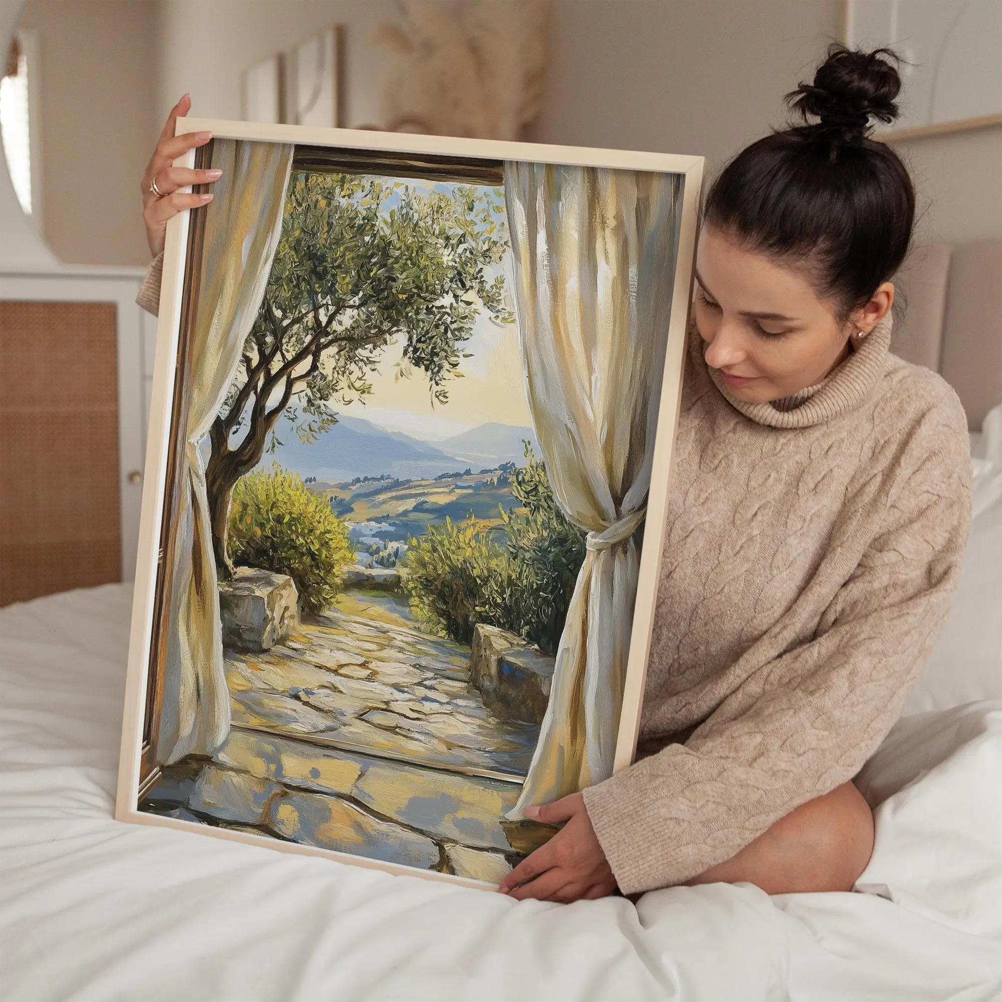 Ancient Temple Landscape Poster Greek Window View Art Mediterranean Print Rustic Greece Scene Olive Tree Painting Home Decor