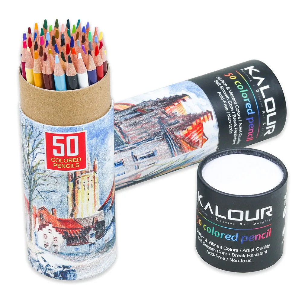 KALOUR-Ensemble de crayons de couleur à noyau souple en bois, crayons à croquis de dessin gras, fournitures d'art scolaire, adultes, débutants, étudiants, 50 couleurs