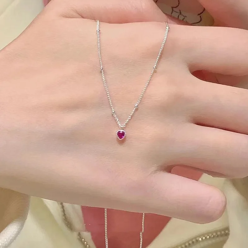 

Mini Exquisite 925 Sterling Silver Red Heart Pendant Zircon Crystal Chain Necklace For Women Birthday Party Anniversary Gift