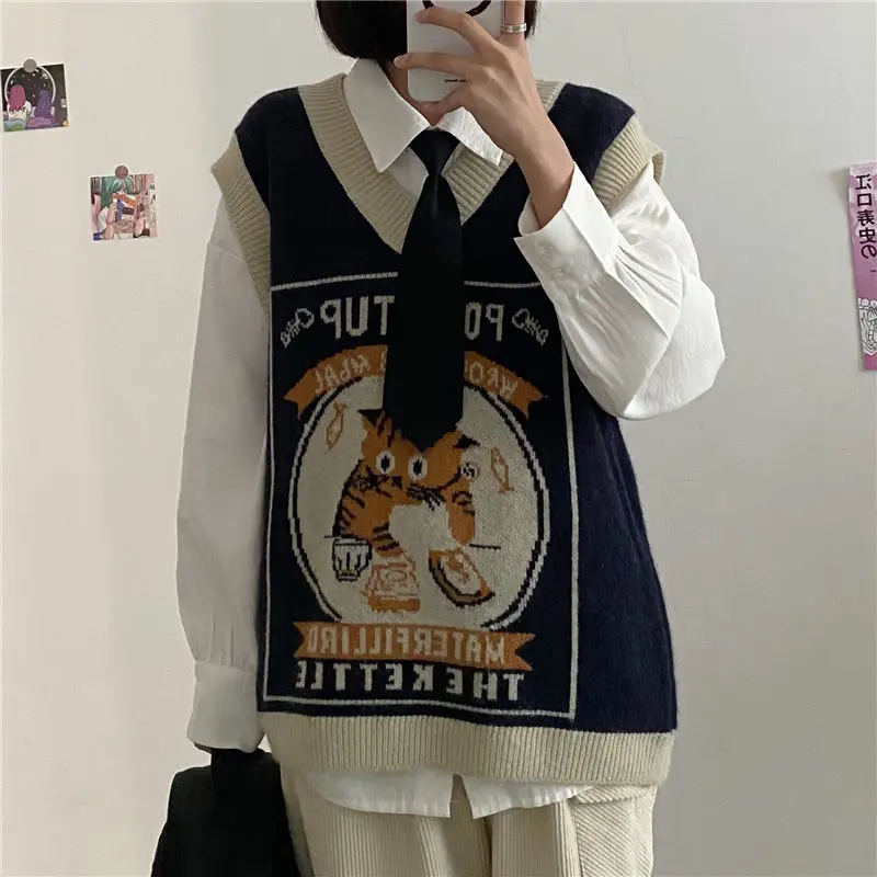 

Sweater Vest Women Kawaii Cat Waistcoat Streetwear Knitting Chic Fashion College All-match Harajuku Y2k Vests Chandails korean