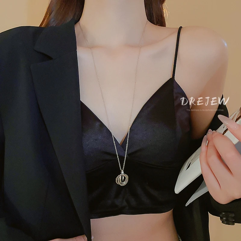 DREJEW Stacked Winding Interlocking Zircon Pendant Necklace Unique Design Sweater Chain Light Luxury Fashion Accessories