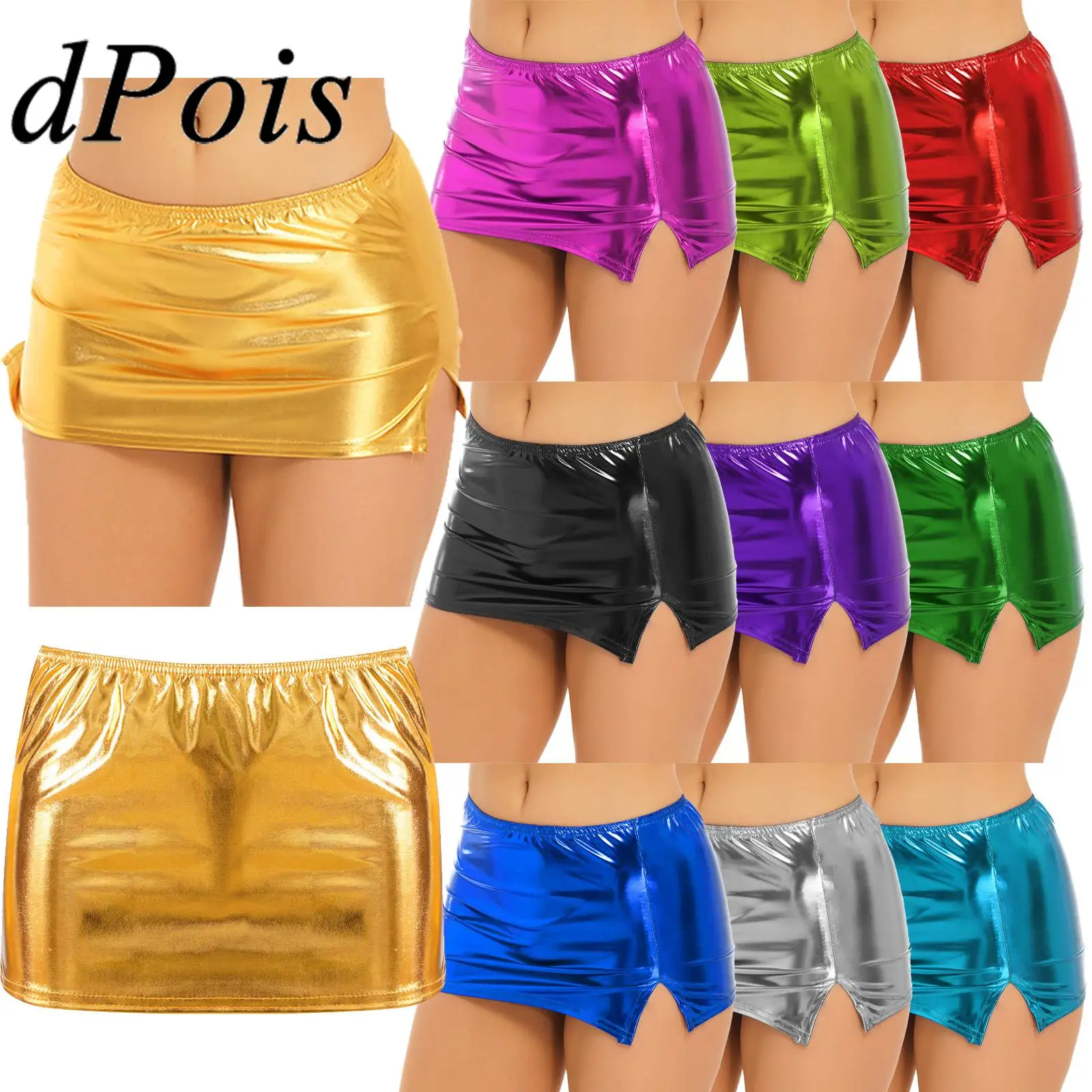 Sexy Women Wetlook Mini Skirt Shiny Patent Leather Skirt Party Clubwear Bar Night Clubbing Clothes Glossy Metallic Dance Skirts