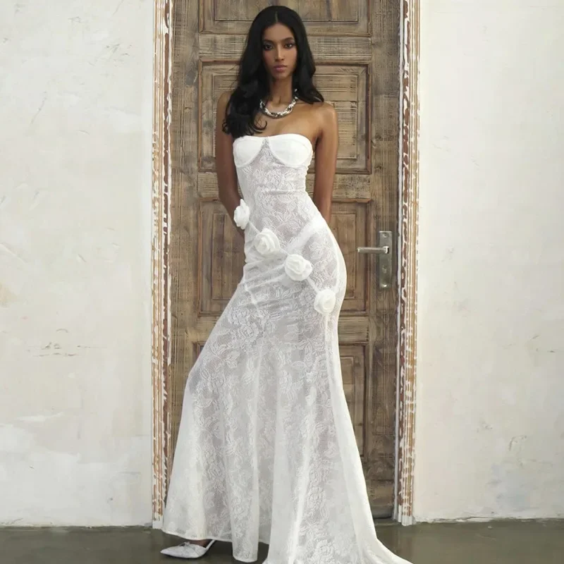 فستان دانتيل مثير بقصة ضيقة لفصل الربيع والصيف، بدون حمالات، تنورة طويلة زائدة زهور ثلاثية الأبعاد