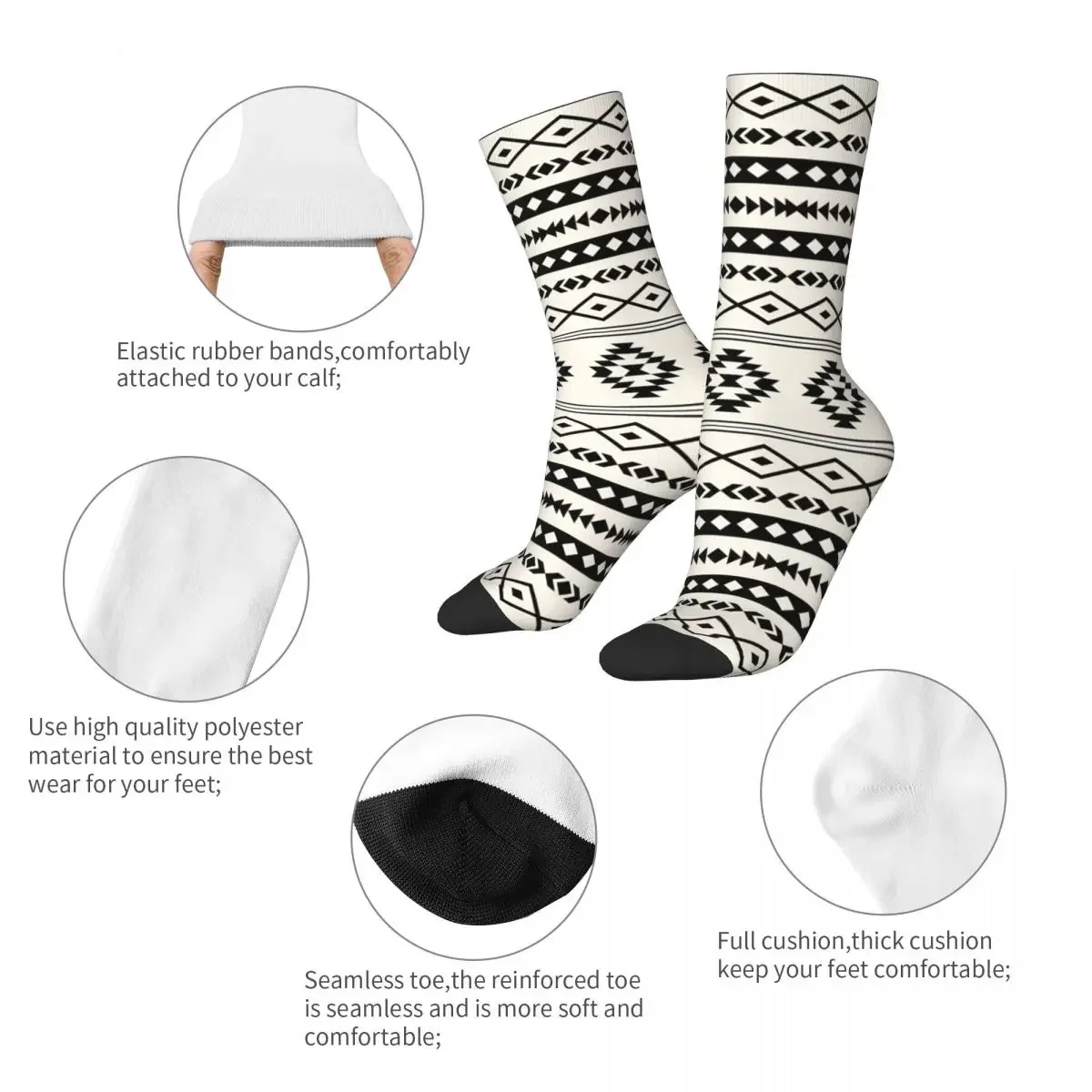 Fashion Men's Socks Novelty Bohemian Aztec Black On Cream Mixed Motifs Sock Sport Women's Socks Spring Summer Autumn Winter