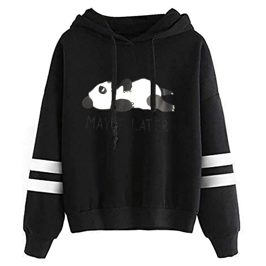 

Women's Casual Panda Letter Print Long Sleeved Pullover Hoodie With Double Bars Fashionable Loose Casual Women's Blouses