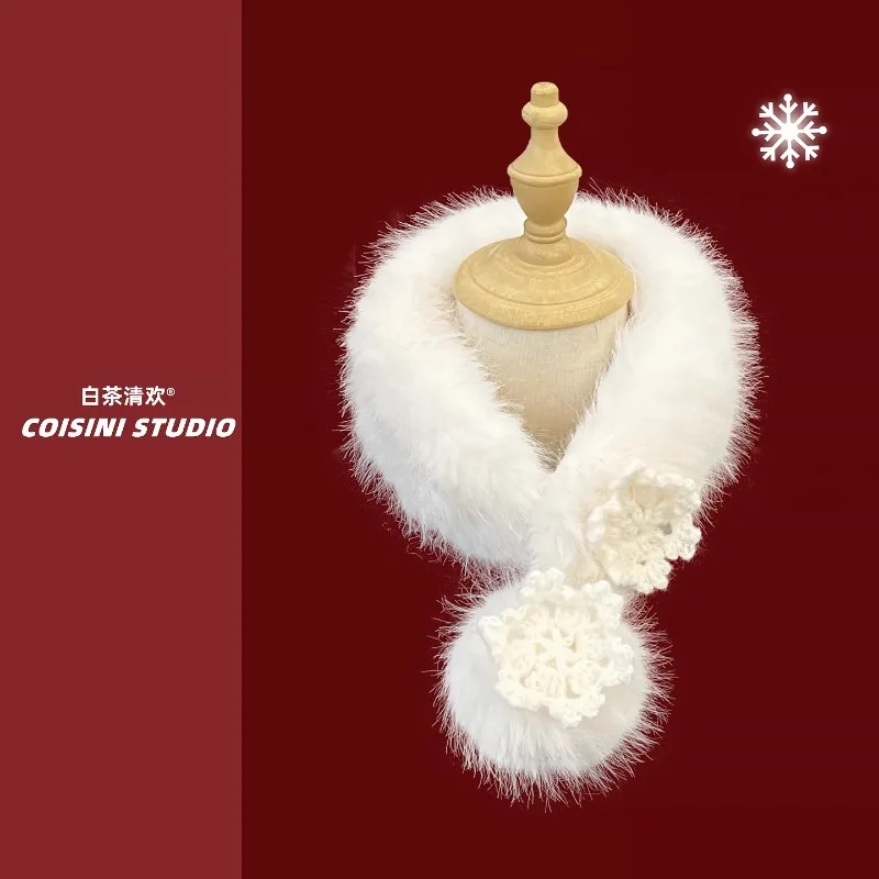 

Осенне-зимние новые простые белые милые плюшевые шарфы со снежинками и помпонами для женщин, теплый универсальный элегантный маленький шарф