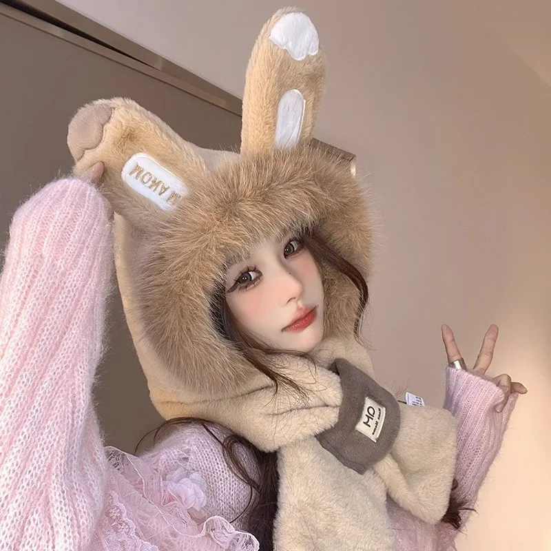 Sleeve Cap Women Rabbit Ears Plush Scarf Warm two-piece Cap Winter Outdoor Ear Protection Windproof Thickened Caps Hot