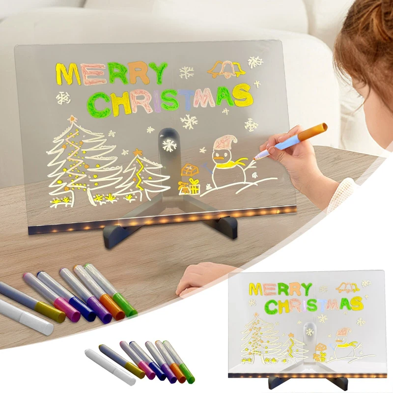 

LED Drawing Board with Light, USB Powered Erasable 7 Color Message Note Board for Kids with Markers & Stand, Birthday Gift