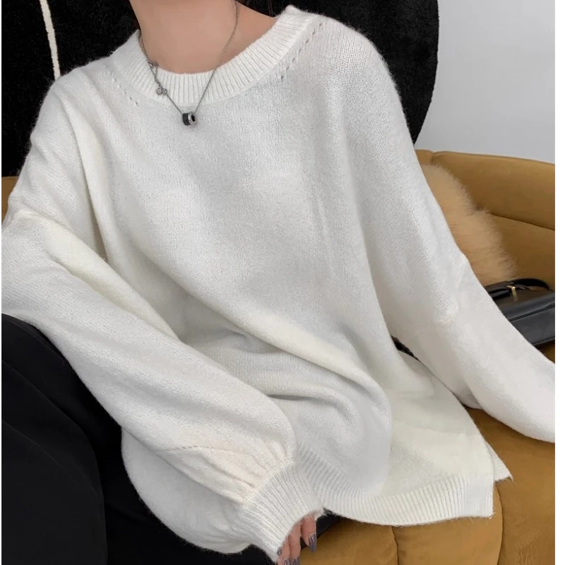 Damskie swetry na jesień i zimę, długie, szare, z rękawami typu latarnia, rozcięciem bocznym, dekoltem O, dzianinowe pulowery, oversize, pull hiver femme