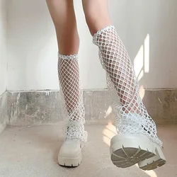 Chaussettes longues en filet de pêche punk gothique pour femmes, jambières élastiques hautes pour filles, chaussettes Lolita respirantes, chaussettes noires cool, extérieur, nouveau, 2023