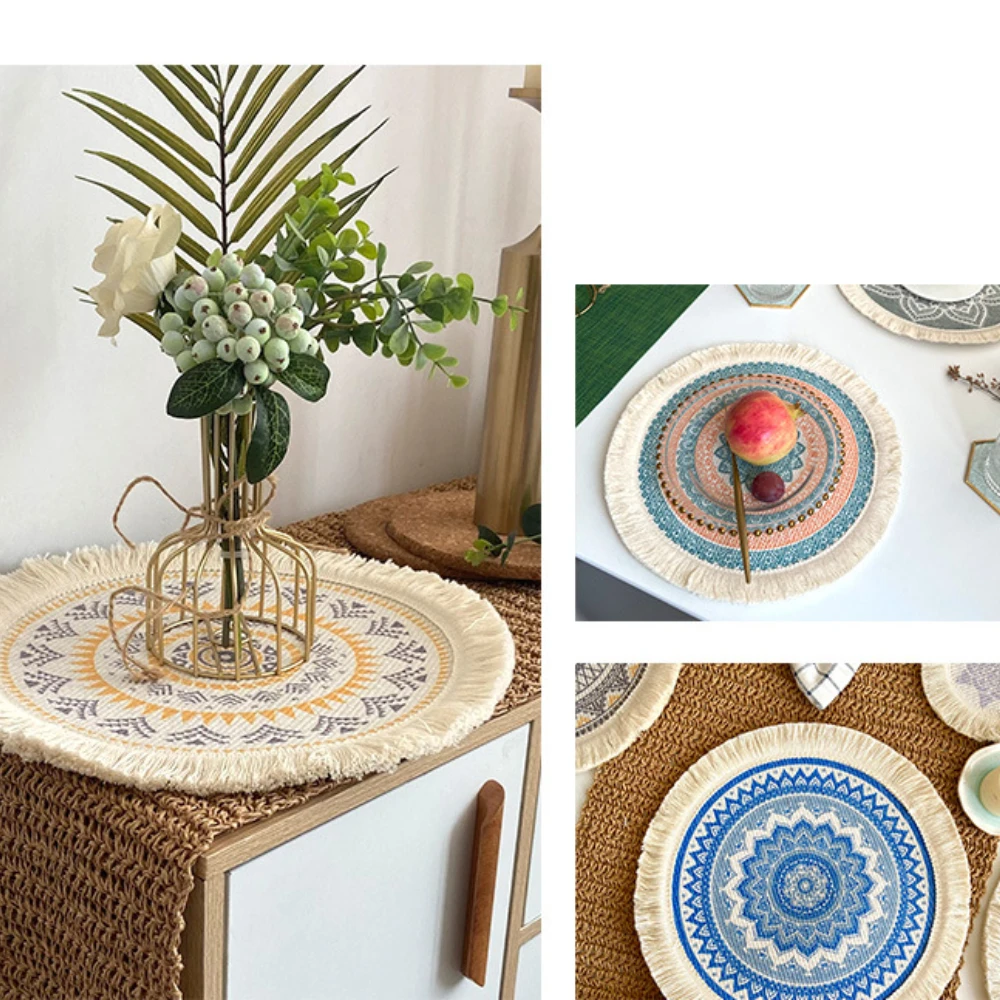 

Round Tassel Bohemian Style Woven Cotton Meal Mat Fabric Thermal Insulation Hot Proof Meal Mat Placemats for Table Coaster Set