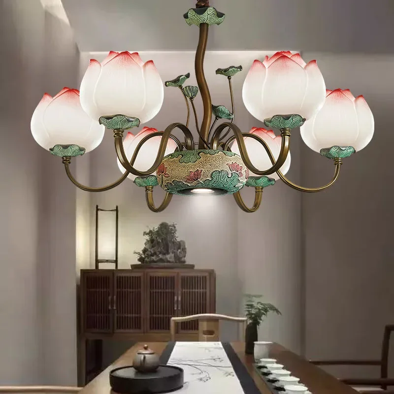 APRIL Contemporary Lotus Pendent Lamp Retro Creativity LED Living Room Restaurant Bedroom Study Villa HotelTearoom Chandelier