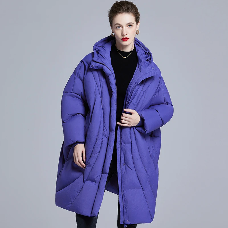 Casaco feminino oversized com capuz, parka de inverno acolchoada com preenchimento de penas roxas e bolsos laterais, elegância minimalista quente