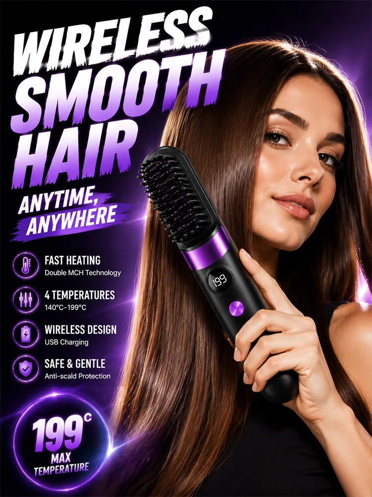 Rechargeable Hair Straightener Comb Ceramic Heated Brush with LCD Screen for Easy Daily Hairstyle Creation