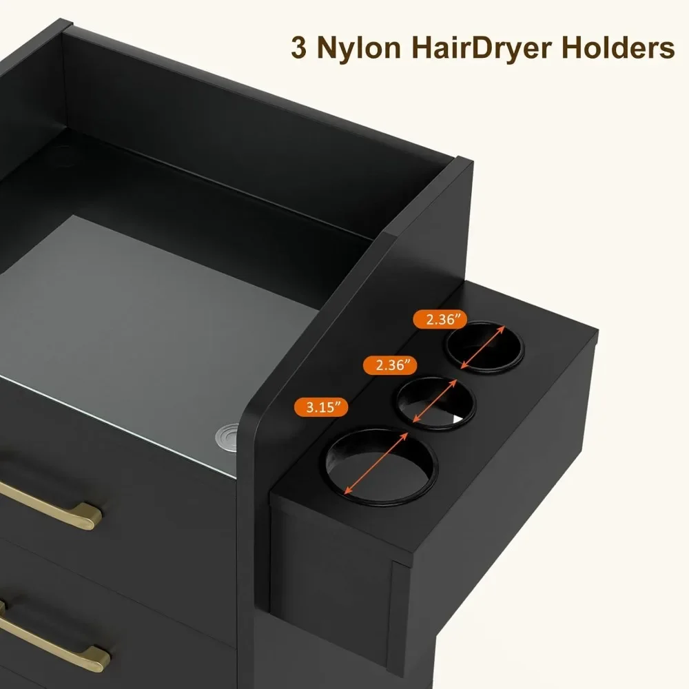 Carrinho de armazenamento para salão de beleza, armário de salão de cabeleireiro com tampo de vidro e suporte para secador de cabelo, rolos com fechadura, gavetas, preto