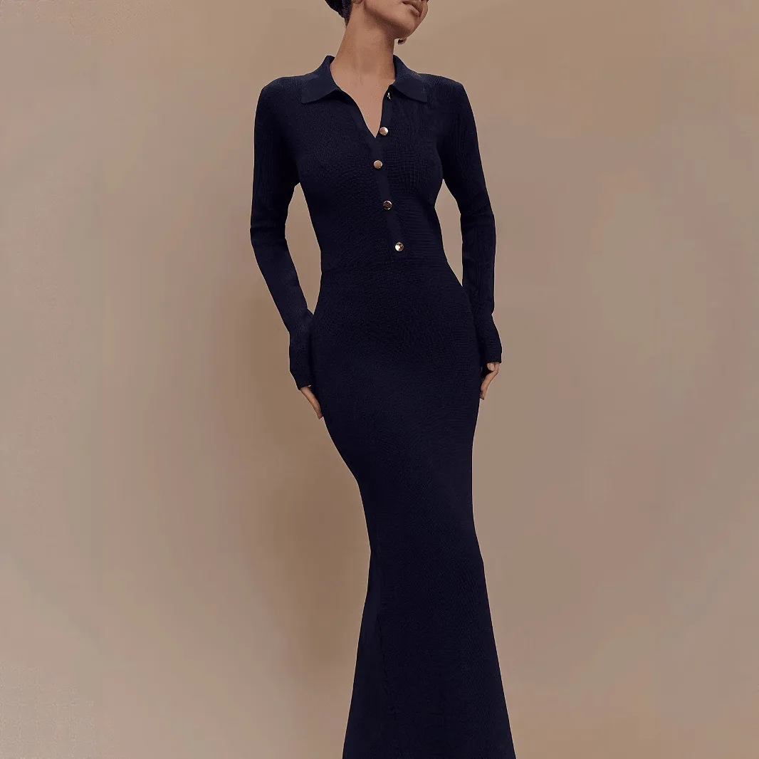 เสื้อสเวตเตอร์ถักไหมพรมทรงเข้ารูป สไตล์ยุโรป สีน้ำเงิน สำหรับผู้หญิง  ผ้าโพลีเอสเตอร์  สำหรับฤดูใบไม้ร่วงและฤดูหนาว  กระดุมติด  ช่วยให้ดูผอมเพรียว