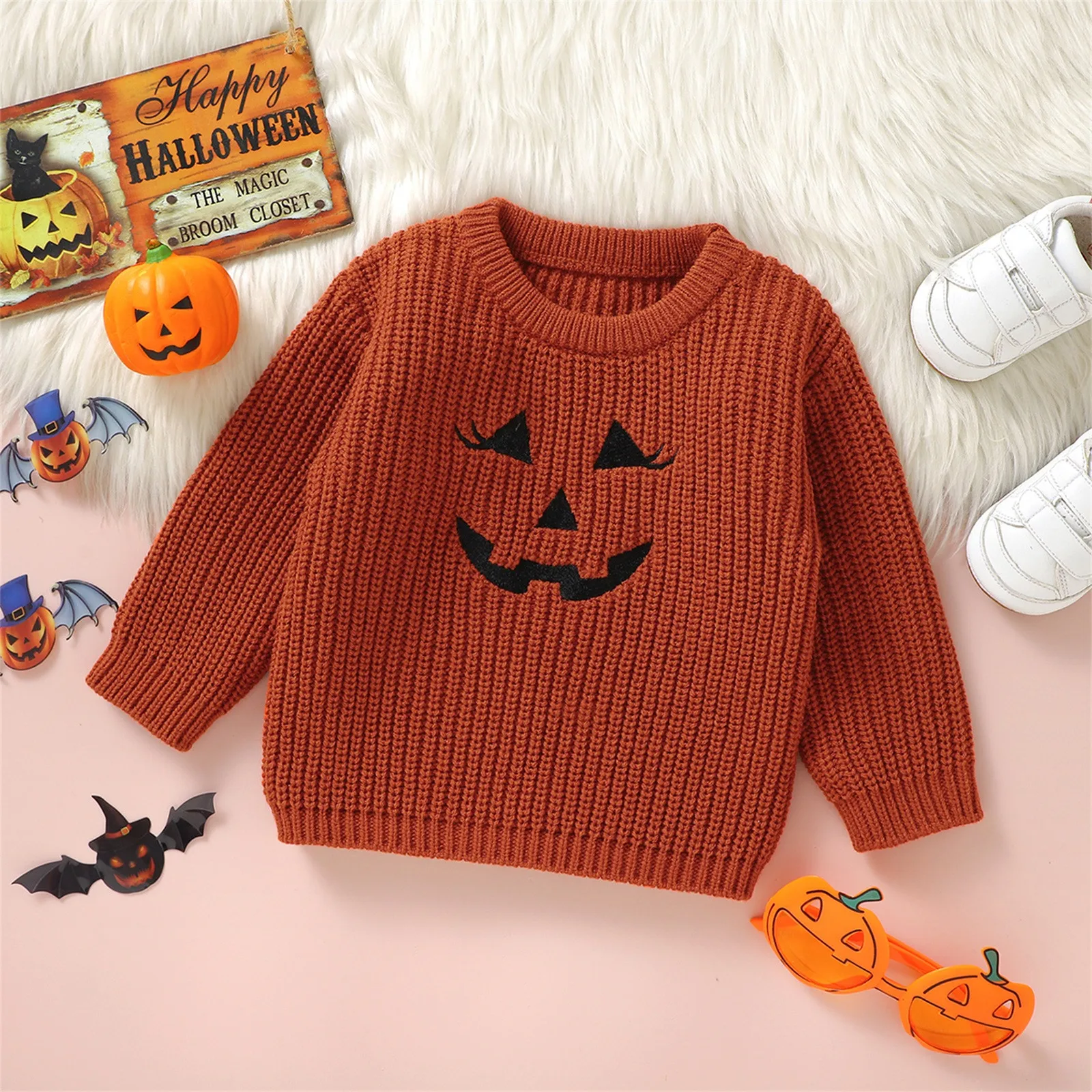 

Halloween Toddler Kids Clothes Girls Autumn Winter Knit Sweaters Long Sleeve Pumpkin Print Pullover Knitwear Warm Tops Outwear