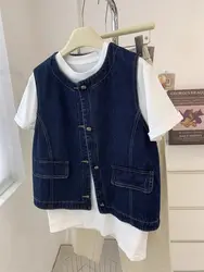A Niche-Chaleco vaquero con cuello redondo para mujer, chaqueta de Rebeca sin mangas en capas, chaleco informal holgado de retales Retro, ropa de otoรฑo