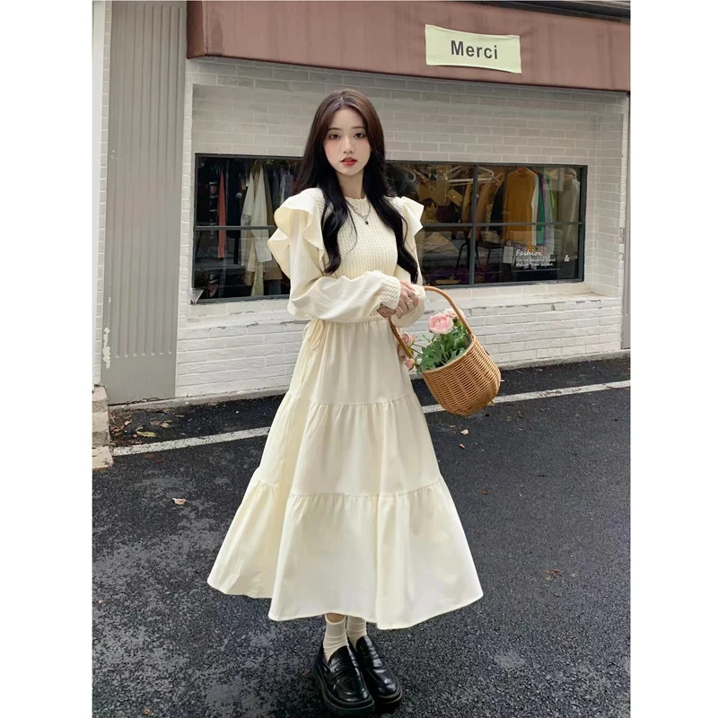 Senhoras francês babados painéis tripulação pescoço malha a linha vestido fino-encaixe ruched em camadas bolo vestido casual roupas soltas outono