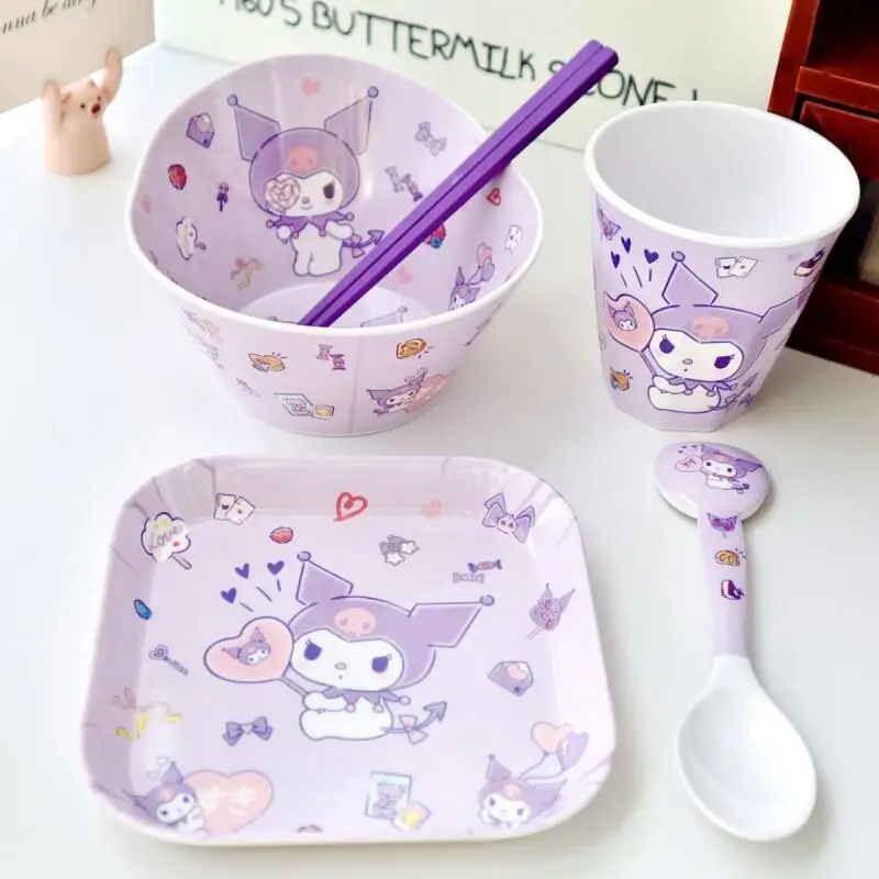 

Горячая миска Sanrio Hello Kitty, ложка, чашка, посуда, 5 шт., миски для риса, рамэн, тарелка с фруктами, кухонные принадлежности, мультяшная каваи, аниме, новинка