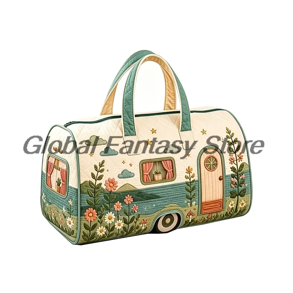 Camping Floral Camper Van Quilted Duffle Bag Boho Mountain Travel Tote Handbag Women Men Outdoor Weekender Bag