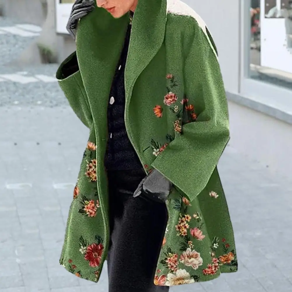 Chaqueta elegante con estampado de flores para mujer, abrigo de talla grande, grueso, cálido, holgado, con cuello vuelto de longitud media, primavera e invierno