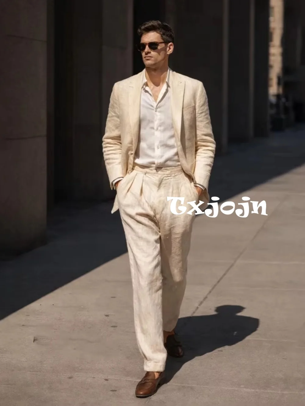 

Summer Linen Suit Set 2 Pieces Jacket Pants Beach Wedding Groom Sets Men's High Quality Peak Lapel Tuxedo For Trip Plus Size