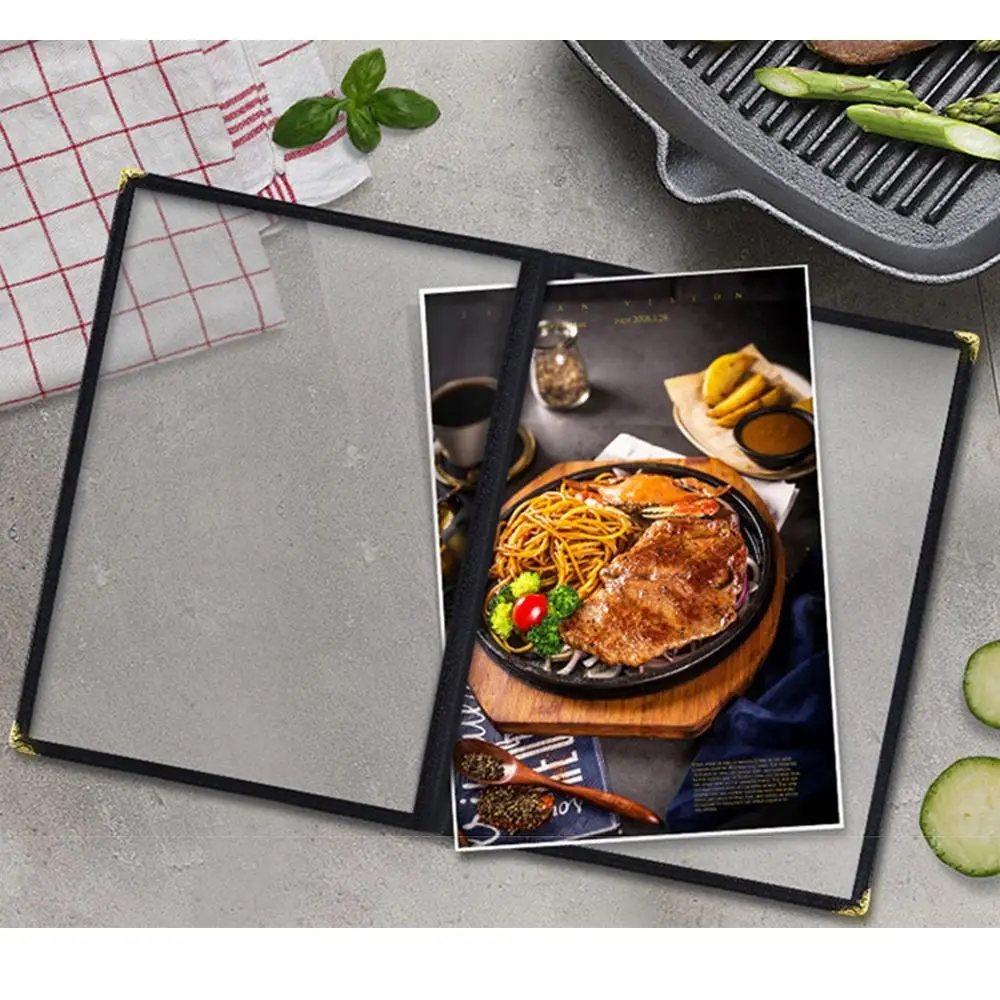 Foldable PVC Transparent Menu Cover A4 Metal Corners Menus Price Display Book Letter Size Reusable A4 Menu Paper Holder Kitchen